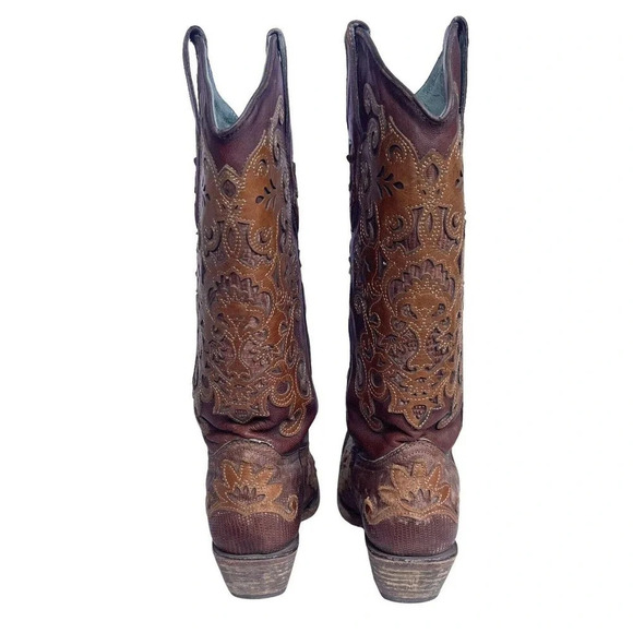Vtg Corral C-1052 Women's Brown Leather Lizard Inlay Western Cowboy Boots 7.5 M - Picture 3 of 8